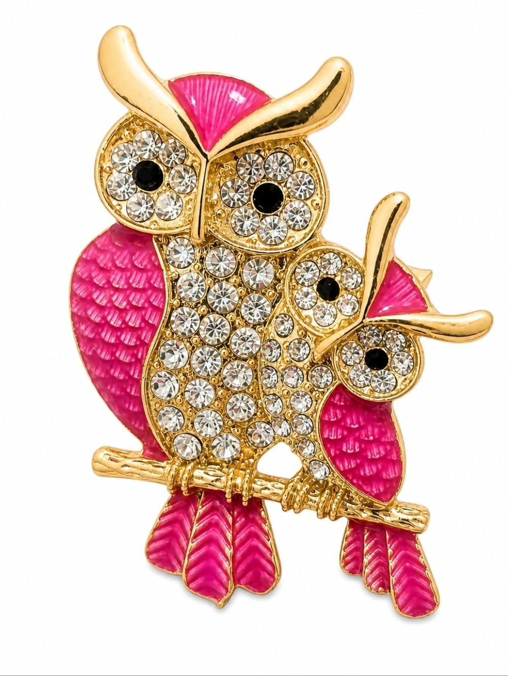 Vintage Style Pink Rhinestone Owl Brooch Gold Tone Crystal